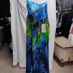 Blue Peacock Pattern Party Gown Size 12
